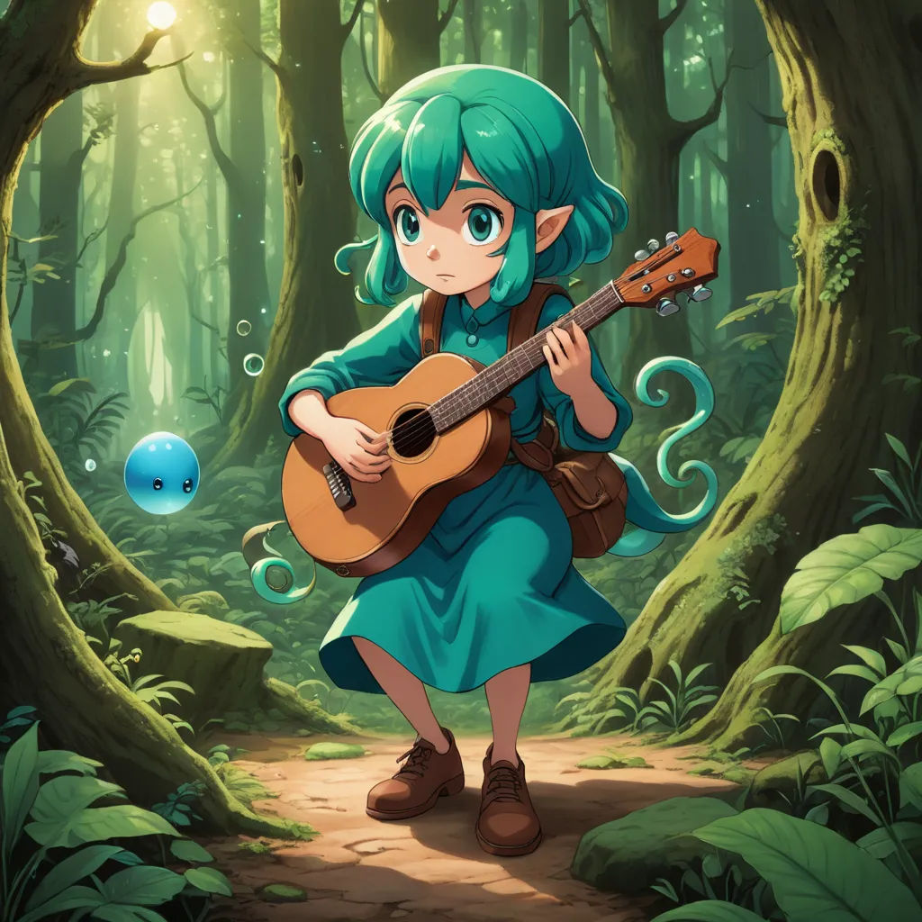 a girl with a guitar in a forest with bubbles of water around her and a blue bubble floating in the air, fantasy art, a character portrait, artist, official art