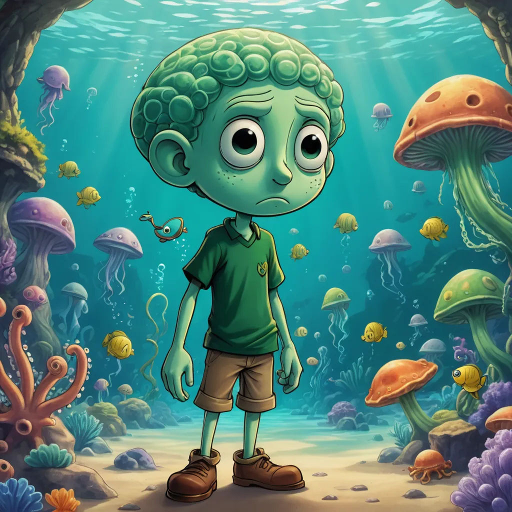 a cartoon boy standing in front of a sea of jellyfish and a giant mushroom with a surprised look on his face, pop surrealism, concept art, Cliff Childs, promotional image
