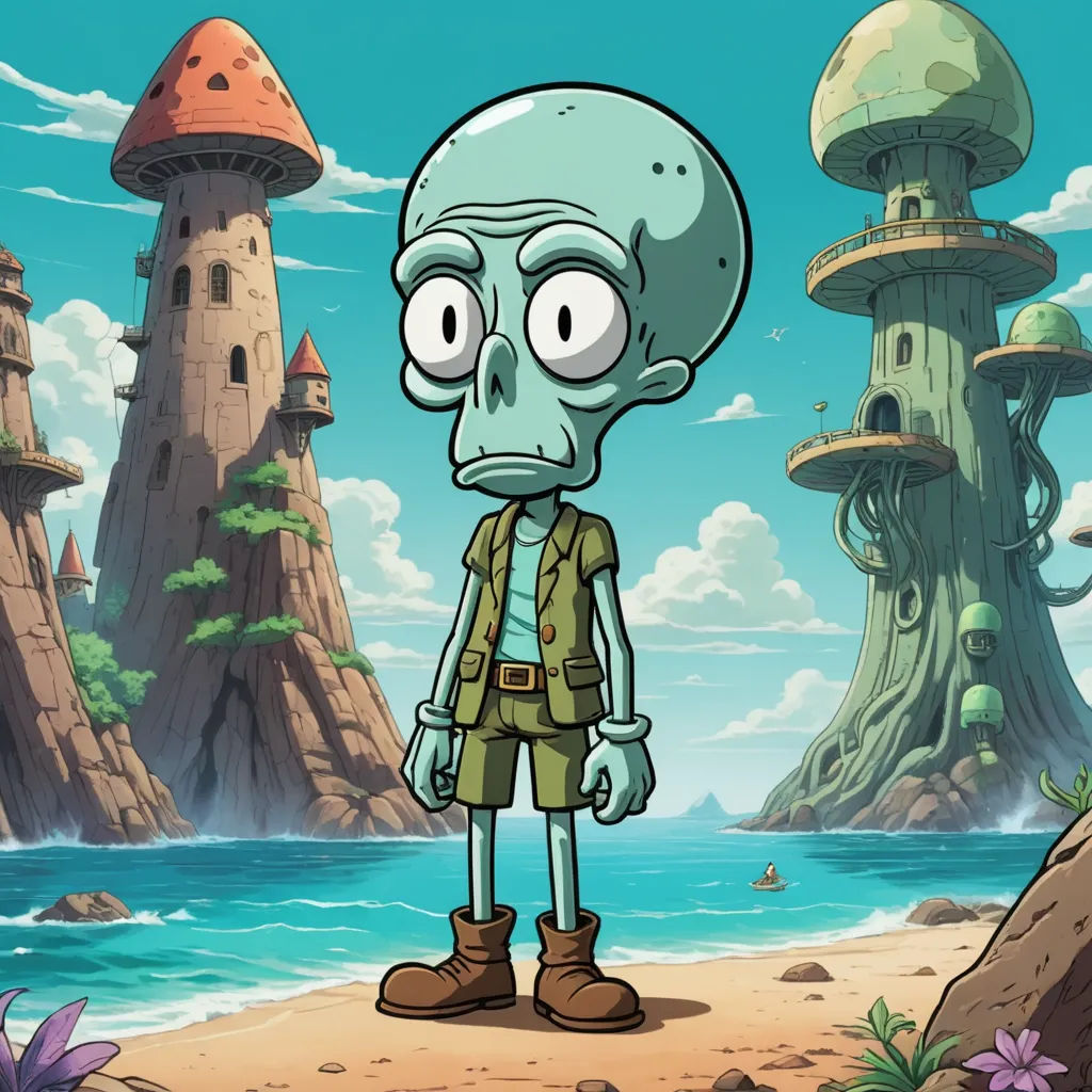 a cartoon character standing in front of a beach with a mushroom like island in the background and a man in a green shirt, sots art, a character portrait, Dean Roger, official art