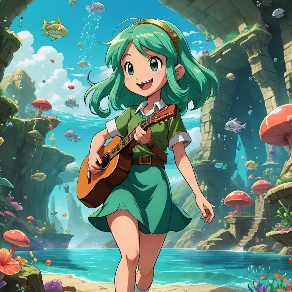 a girl with green hair and a guitar in a cartoon scene with fish and rocks in the background, and a fish - eating area, fantasy art, concept art, Alice Prin, official art