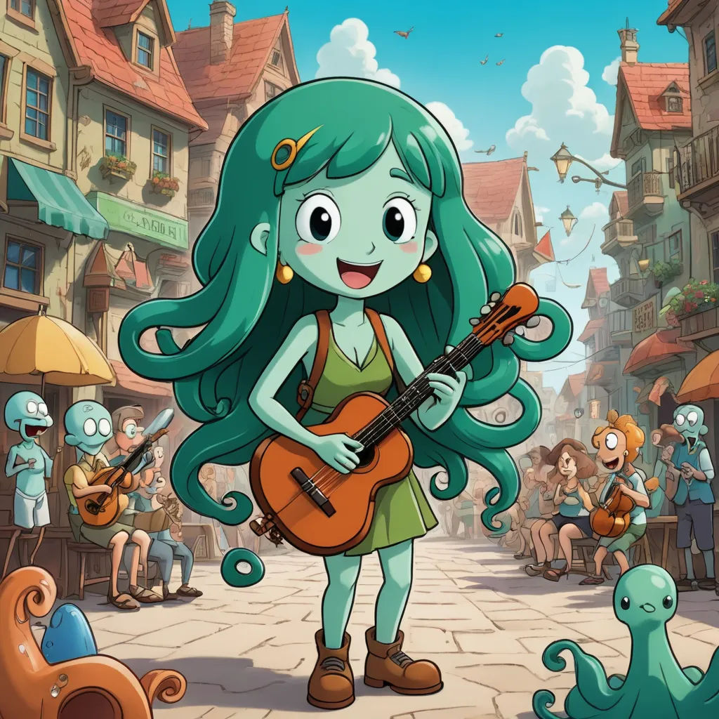 a cartoon girl with a guitar in a crowded street with people playing music on the sidewalk and a group of people sitting on the sidewalk, sots art, a character portrait, Celia Fiennes, official art