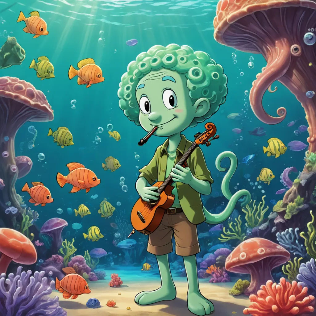 a cartoon boy playing a violin under the sea with fish and corals in the background illustration by alex krawc, lyco art, a storybook illustration, Cliff Childs, promotional image
