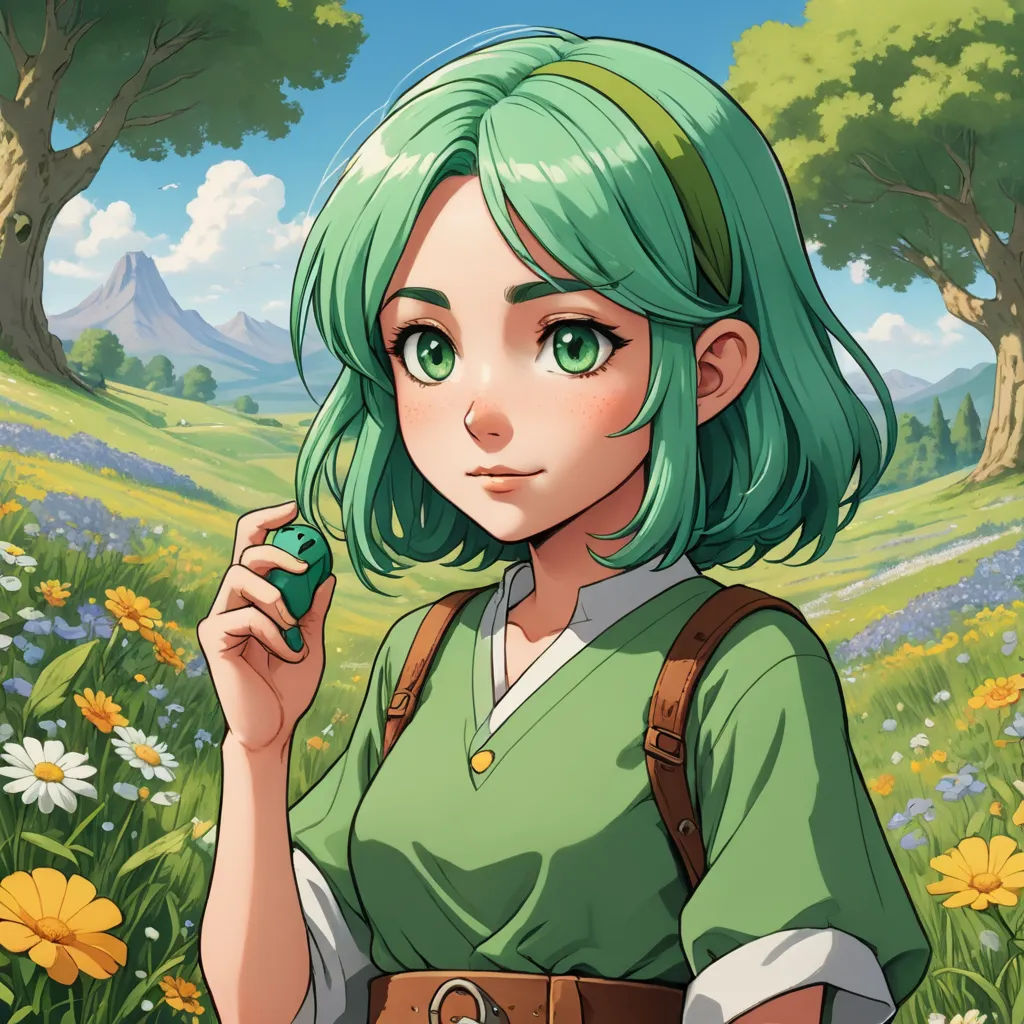 a girl with green hair and a green shirt is standing in a field of flowers and trees with a green hair, sots art, a character portrait, Evaline Ness, official art