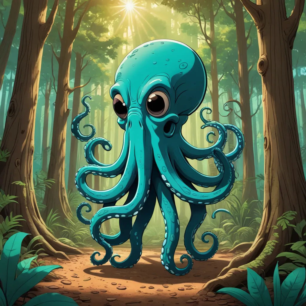 an octopus is standing in the middle of a forest with sun shining through the trees and its eyes are open, pop surrealism, a storybook illustration, Diego Gisbert Llorens, octopus
