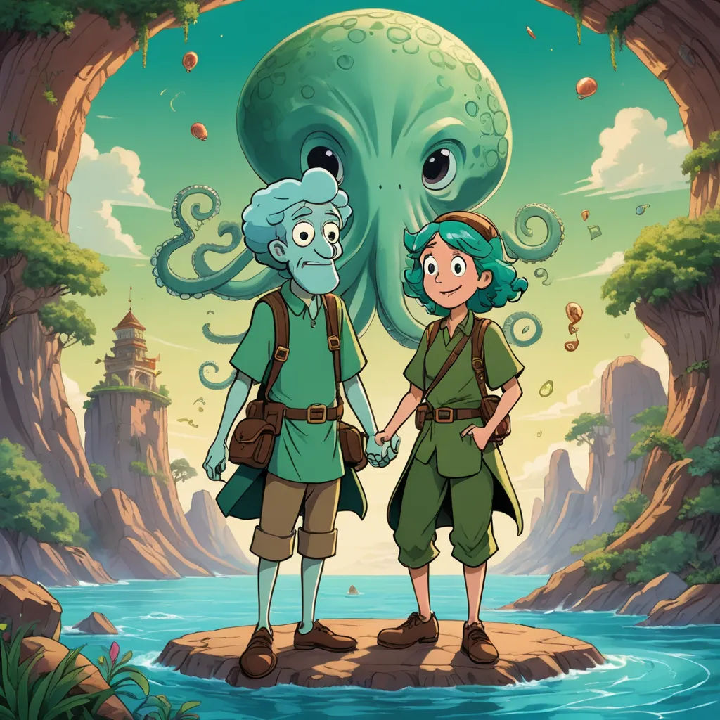 a couple of people standing next to an octopus in a forest with a river and a castle in the background, sots art, poster art, Cliff Childs, official art