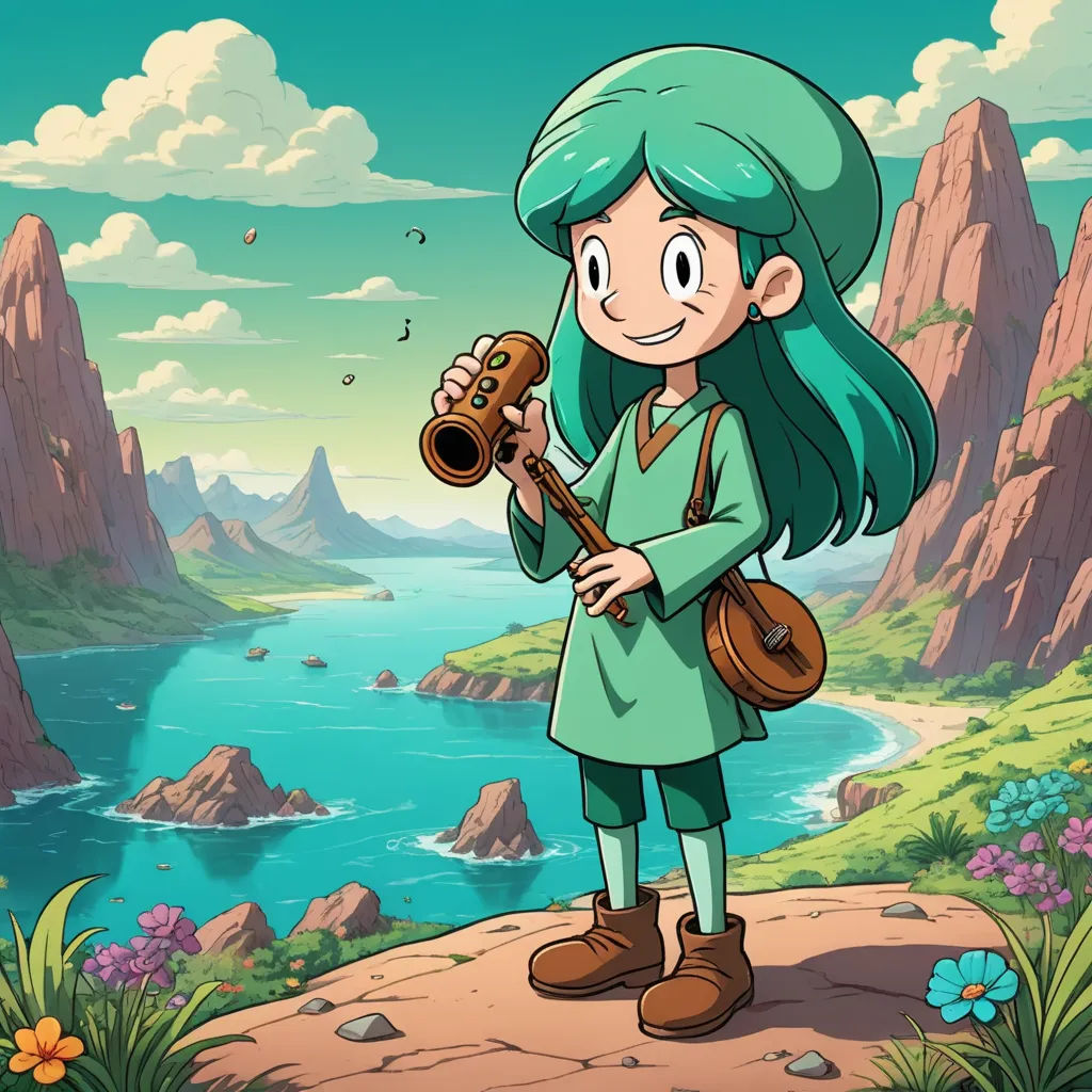 a cartoon girl with a green hair playing a musical instrument in front of a mountain landscape with a lake, sots art, a character portrait, Cliff Childs, official art