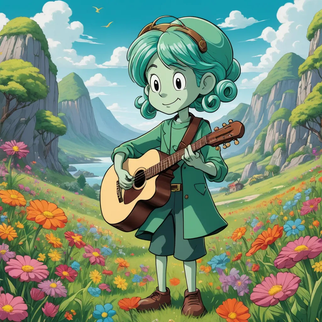 a cartoon character playing a guitar in a field of flowers and flowers with a mountain in the background and a bird flying overhead, context art, concept art, Cliff Childs, official art