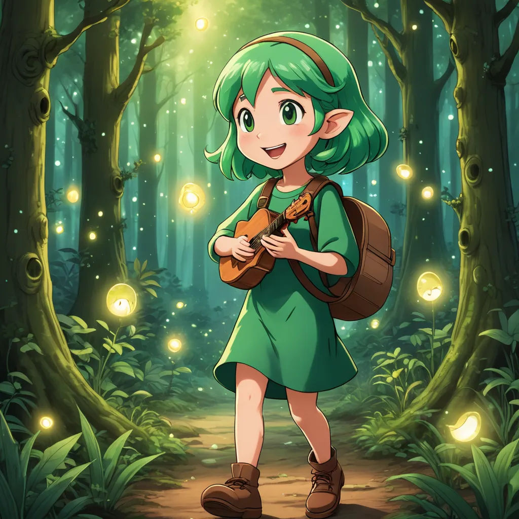 a girl with green hair and a green dress is holding a guitar in a forest with fireflies and a light, sots art, concept art, Cliff Childs, official art