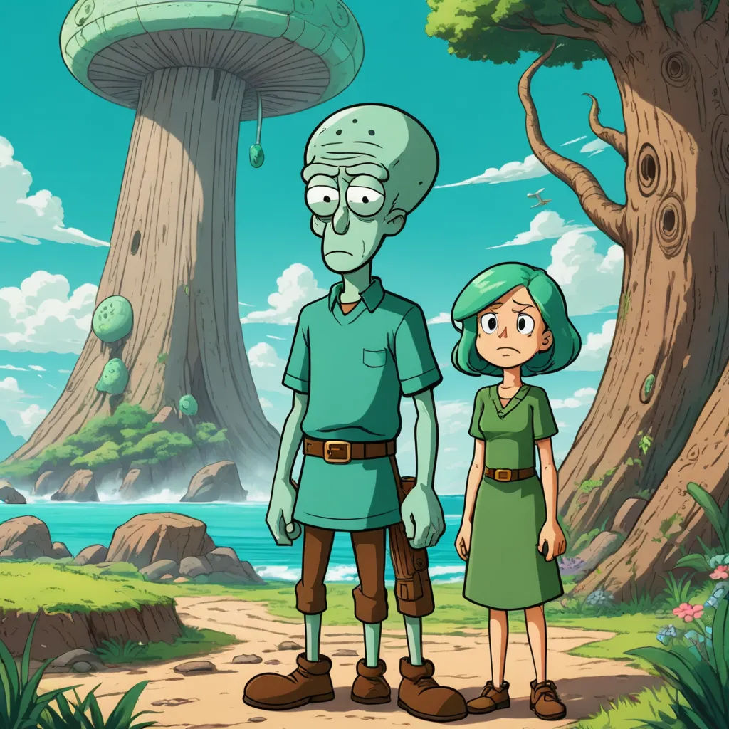 a cartoon of a man and a woman standing in front of a mushroom - like island with a giant mushroom in the background, sots art, concept art, Dean Roger, official art