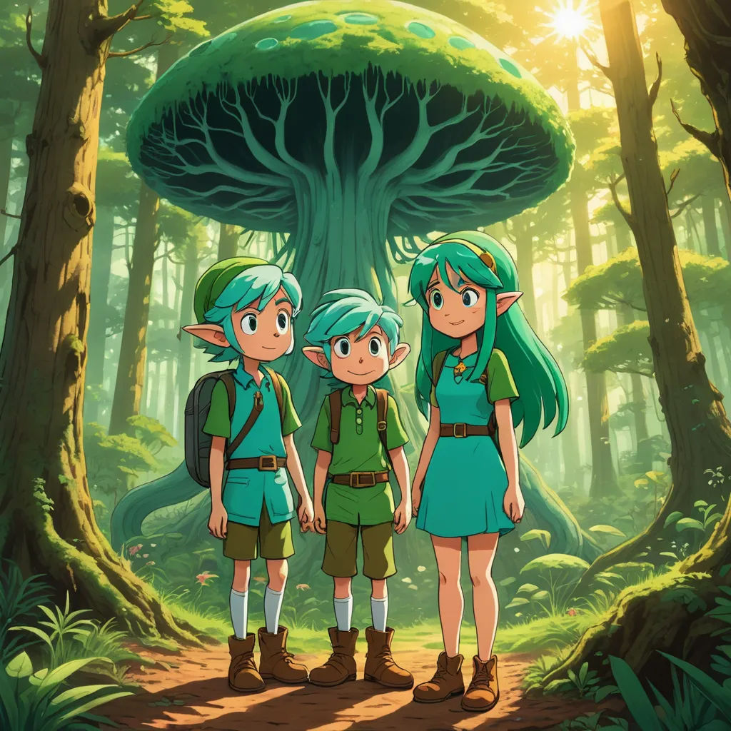 a group of people standing in front of a mushroom in the forest with trees and grass on the ground, sots art, concept art, Cliff Childs, official art