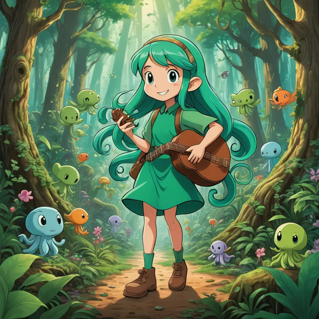 a girl with green hair playing a guitar in a forest with many little fish around her and a forest background, sots art, an album cover, Cliff Childs, official art