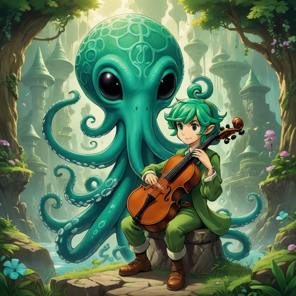 a cartoon character playing a violin in front of an octopus with a green hair and green eyes, sitting on a rock, sots art, an album cover, Diego Gisbert Llorens, official art
