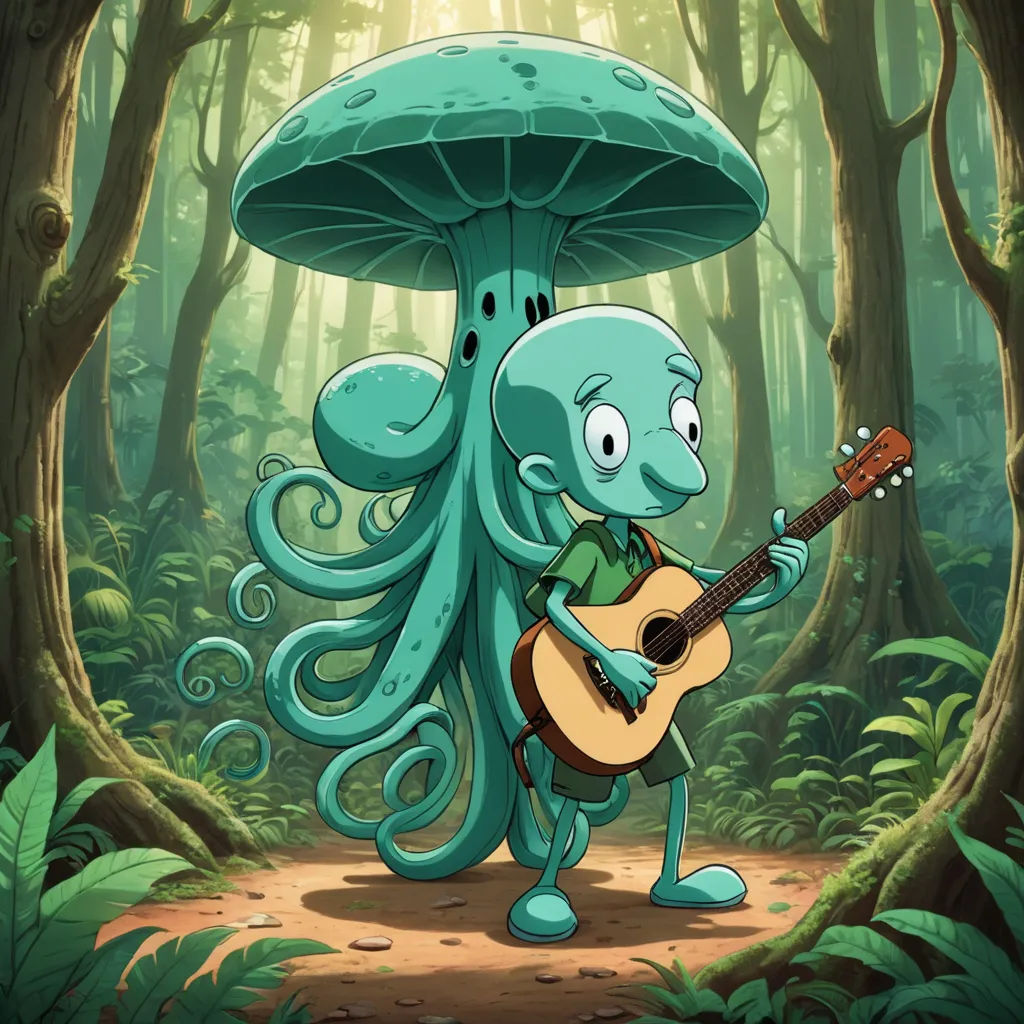 a cartoon character playing a guitar in a forest with a mushroom on the ground and a mushroom on the ground, sots art, a character portrait, Asaf Hanuka, key art