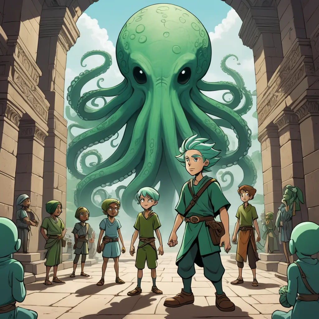 a cartoon of a man standing in front of an octopus with a bunch of people around him and a giant octopus in the background, sots art, concept art, Diego Gisbert Llorens, official art