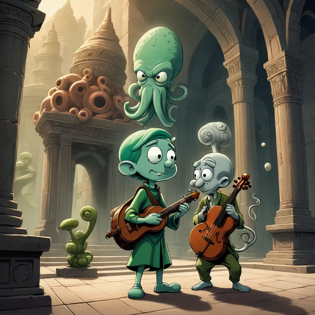 a couple of cartoon characters playing instruments in a room with an octopus on the wall and a man on the ground, fantasy art, concept art, Cliff Childs, promotional image