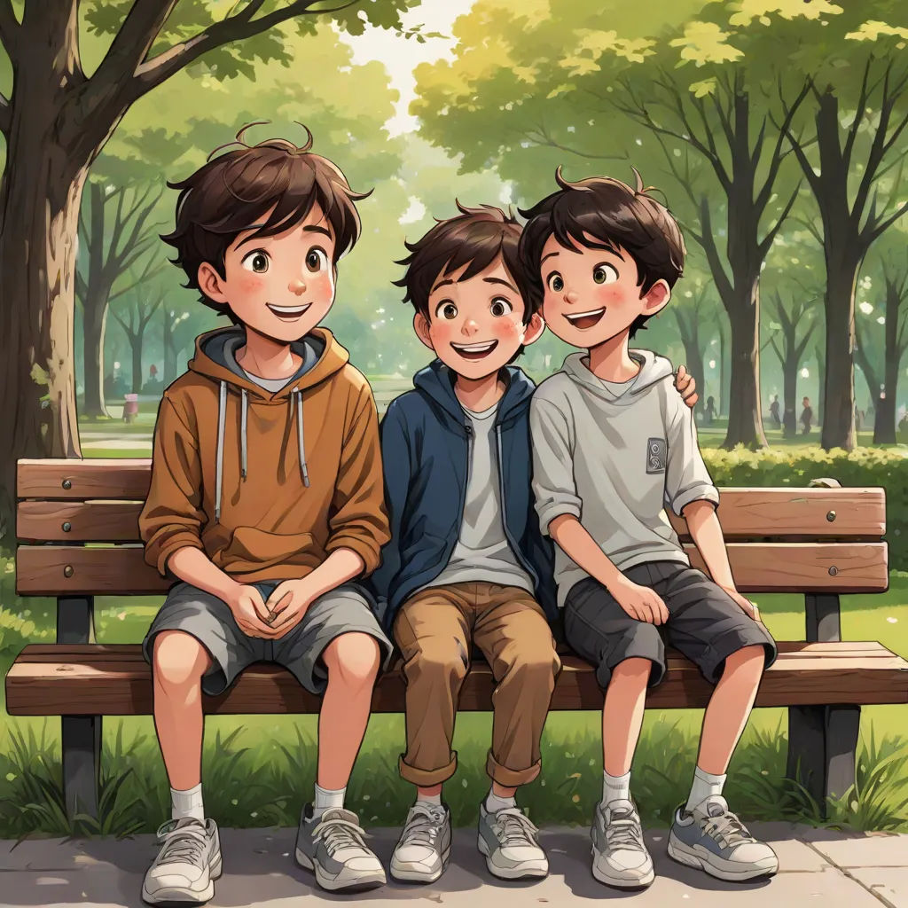 three boys sitting on a bench in a park with trees and grass behind them, one boy is smiling, lyco art, a storybook illustration, Brothers Hildebrandt, official art