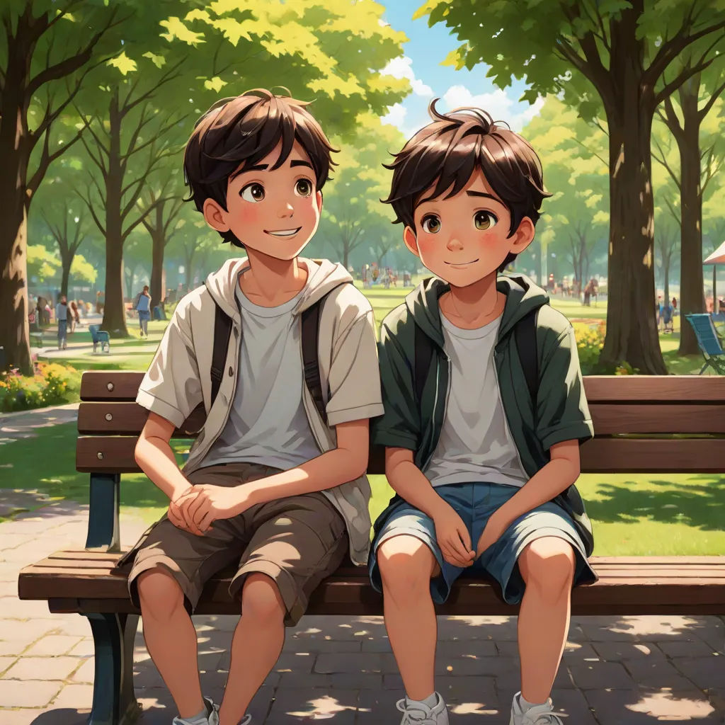 two young boys sitting on a park bench together, with trees in the background and people walking around the park, sots art, a painting, Brothers Hildebrandt, official art