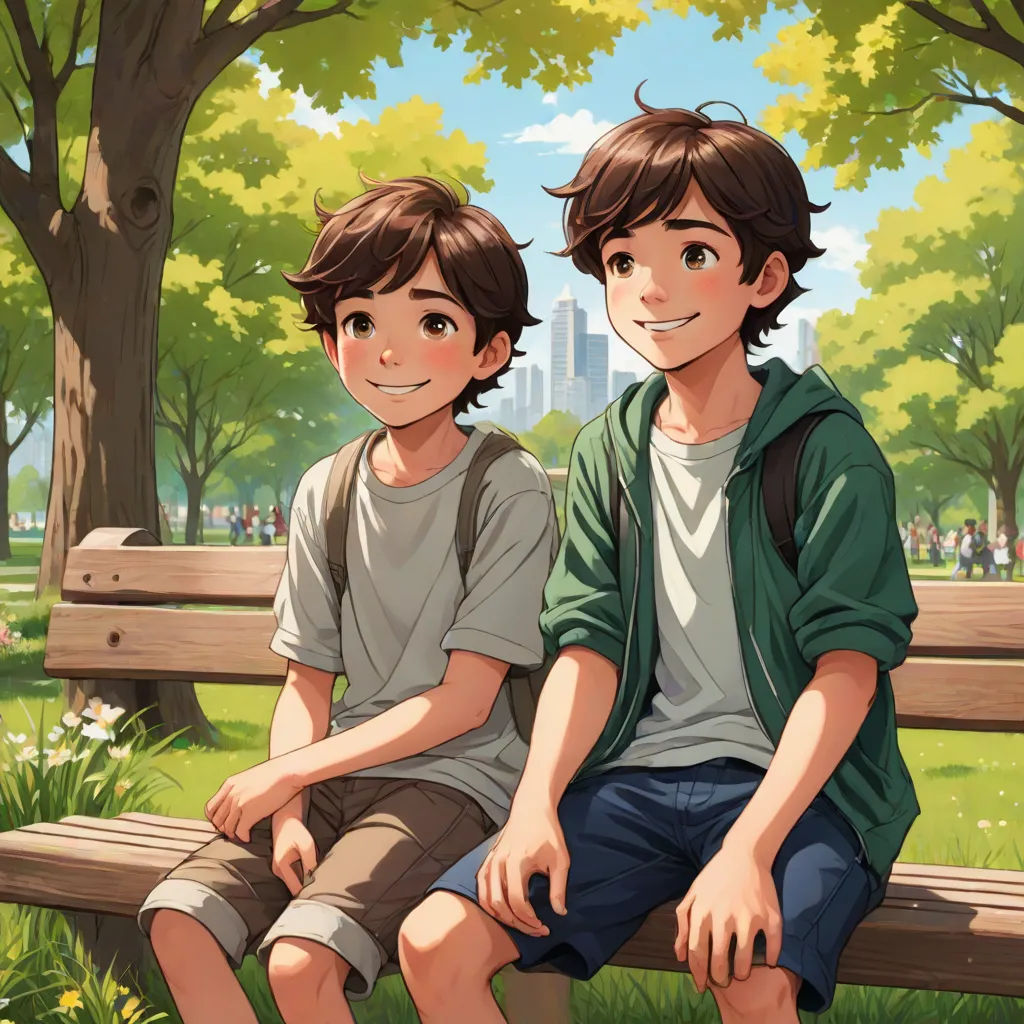 a couple of kids sitting on top of a wooden bench in a park next to a tree filled park, lyco art, a storybook illustration, Brothers Hildebrandt, official art