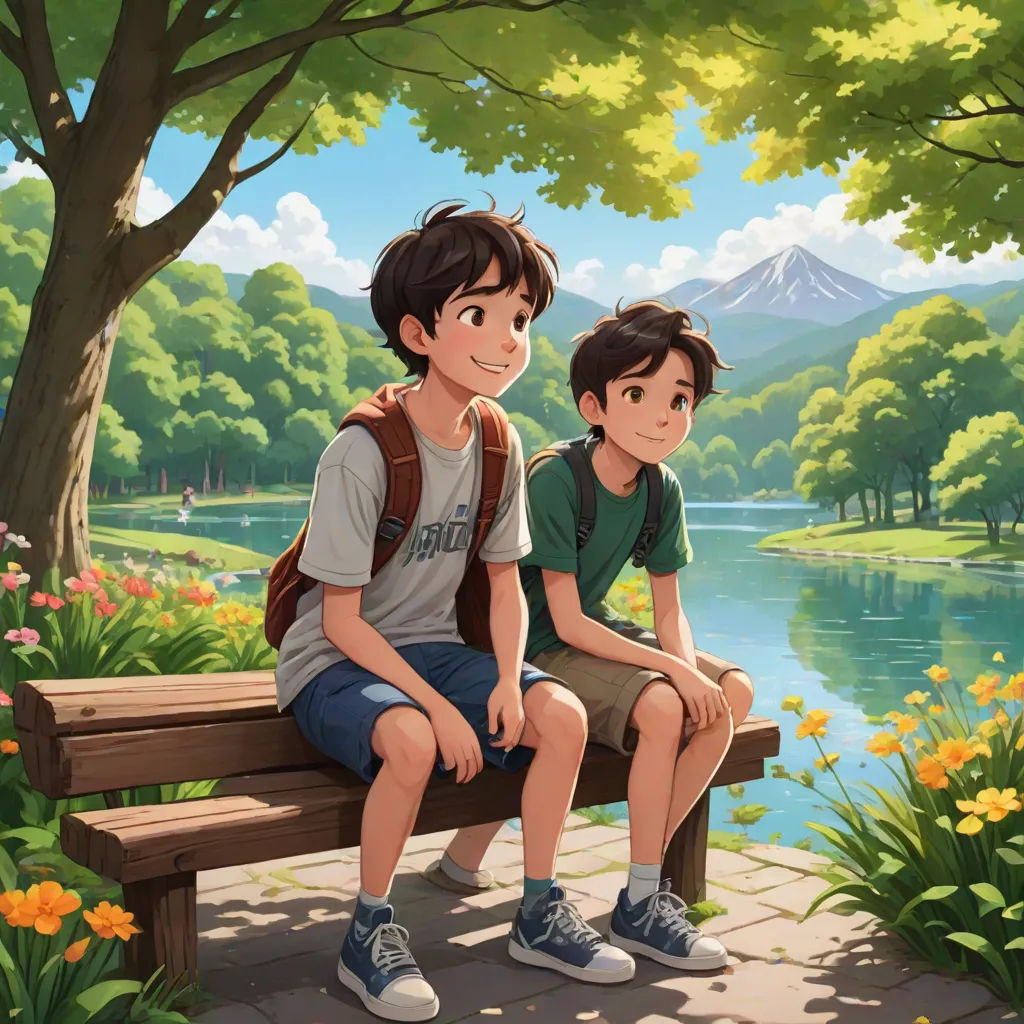 a couple of people sitting on a bench near a river and trees with flowers around them and a mountain in the background, american scene painting, a detailed painting, Brothers Hildebrandt, official art