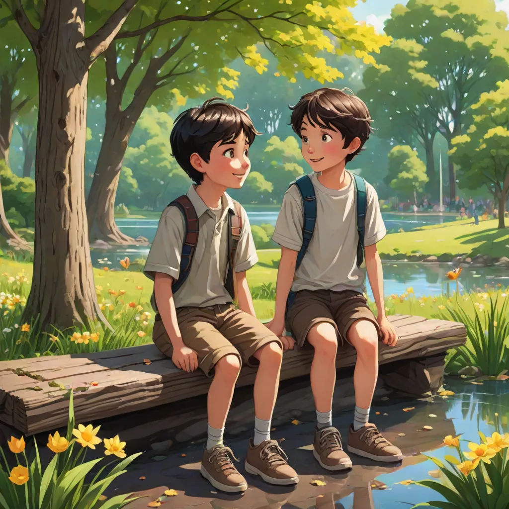 two boys sitting on a bench in a park by a pond with flowers and trees around them, one boy is looking at the other boy, american scene painting, a storybook illustration, Brothers Hildebrandt, official art
