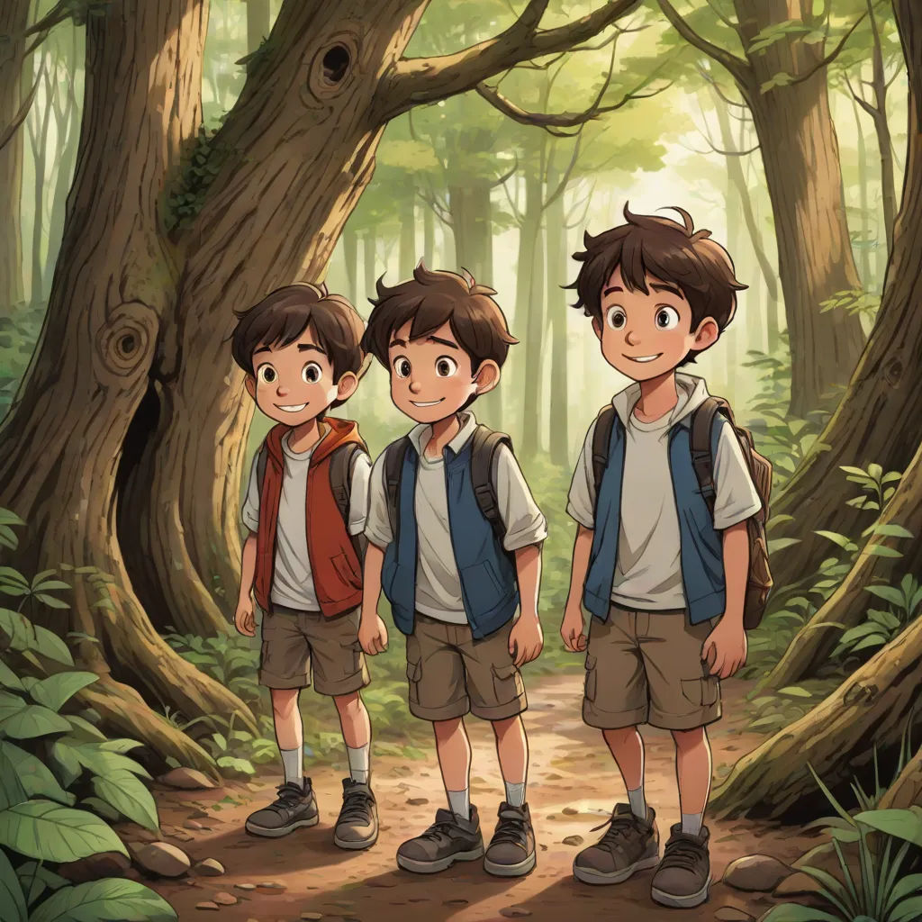 three boys standing in the woods with backpacks on their backs and one boy with a backpack on his back, rayonism, concept art, Adam Manyoki, official art