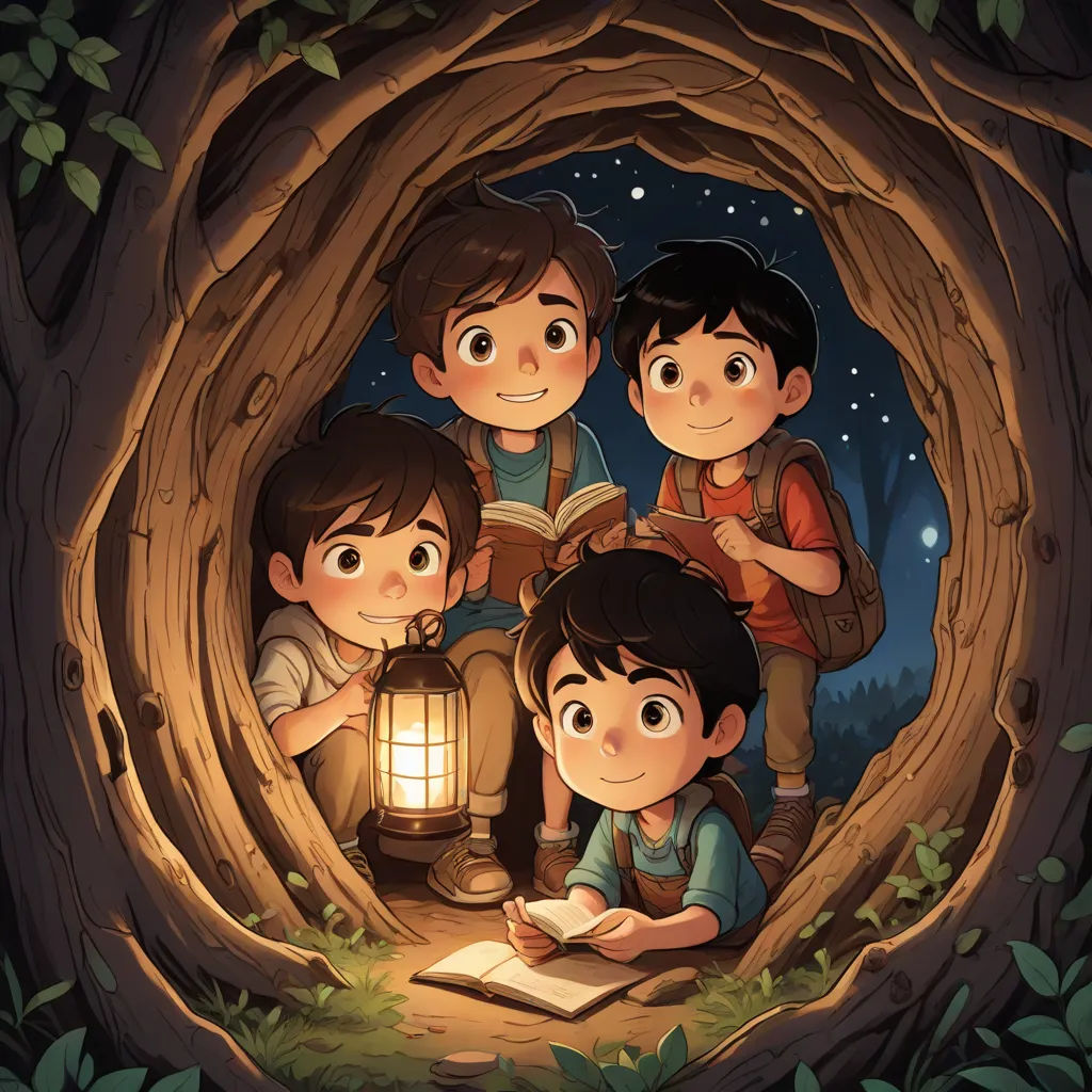 a group of children sitting in a hollow with a lantern in the middle of the forest at night time, sots art, a storybook illustration, Diego Gisbert Llorens, storybook illustration