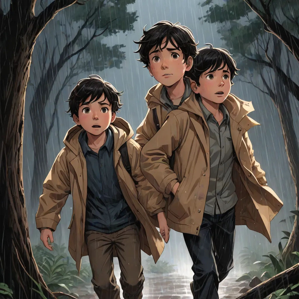 two boys walking in the rain in a forest with a dog on a leash and a man in the raincoat, process art, concept art, Brothers Hildebrandt, official art