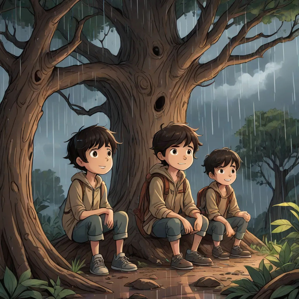 two boys sitting on a tree in the rain under a tree with a bird nest in the background and a bird nest in the tree, serial art, a storybook illustration, Diego Gisbert Llorens, official art