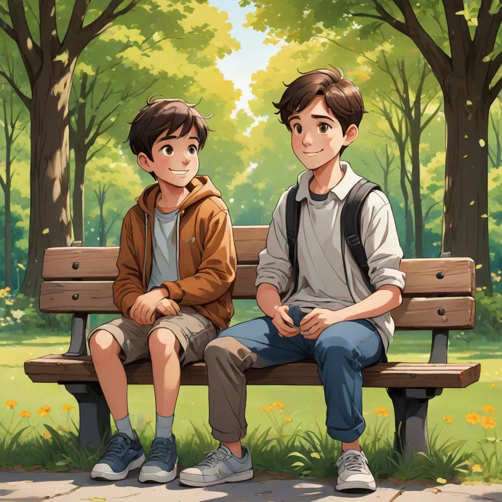 two boys sitting on a bench in a park with trees and flowers in the background, one of them is looking at the camera, art & language, a storybook illustration, Brothers Hildebrandt, official art