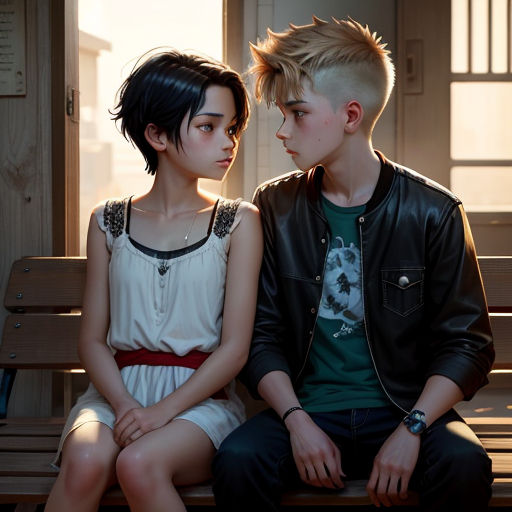 a boy and a girl sitting on a bench together, looking at each other's eyes and looking at each other's eyes