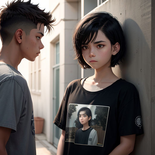 a boy and a girl standing next to each other on a sidewalk with a building in the background and a picture of a girl on the wall