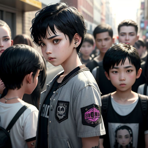 a group of young people standing next to each other on a street corner with a crowd of people behind them