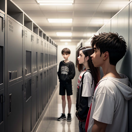 a group of young people standing in a hallway next to lockers with lockers on the wall and one boy looking at the other