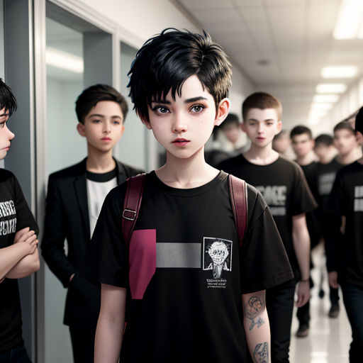 a group of young people standing in a hallway together, all wearing black shirts and black pants, all with tattoos on their arms