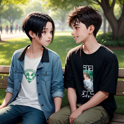a couple of people sitting on a bench in a park together, one of them is looking at the other