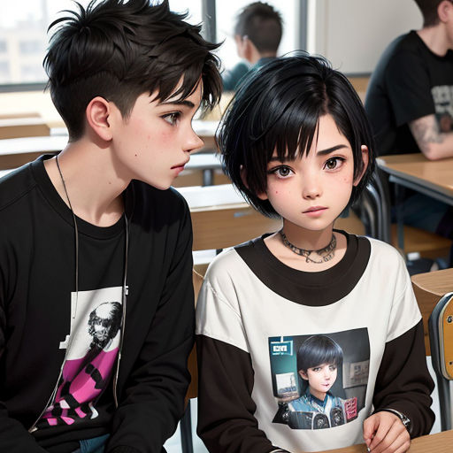 two young people sitting at desks in a classroom with one of them looking at the other one with a serious look on his face