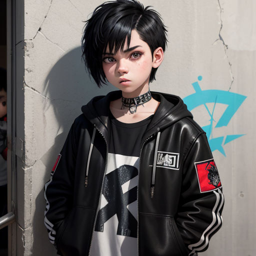 a young woman with black hair and a black leather jacket is standing against a wall with graffiti on it