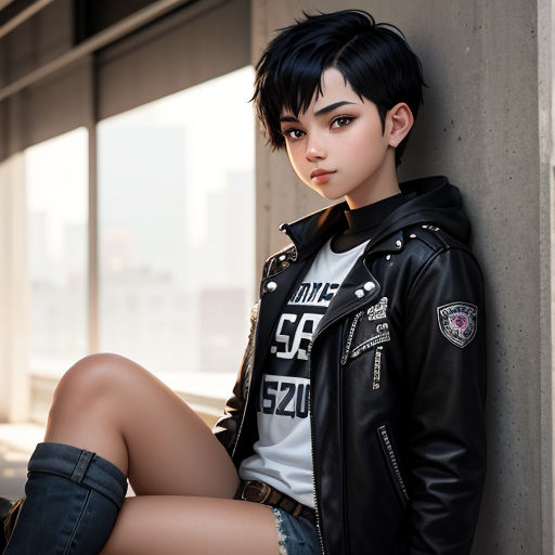 a woman with black hair and a leather jacket leaning against a wall with her legs crossed and her leg up against the wall