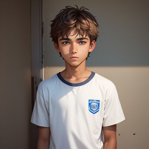 a young boy in a white shirt is standing in a doorway with a blue and white badge on his chest