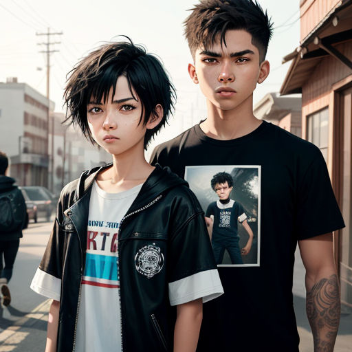 a couple of people standing next to each other on a street with a picture of a man and woman