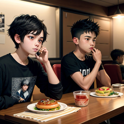 two young boys sitting at a table with food in front of them, one of them is eating a sandwich
