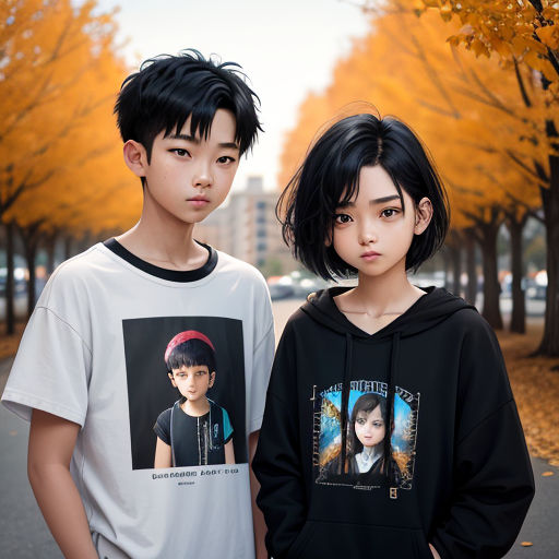 two asian children standing next to each other in a park with trees in the background and yellow leaves on the ground