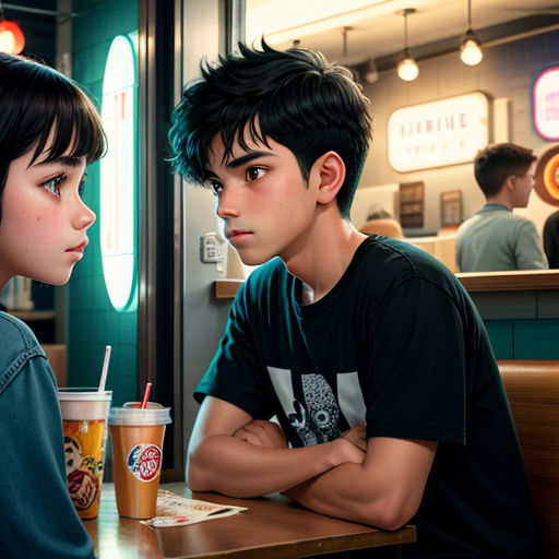a boy and a girl sitting at a table in a restaurant looking at each other with a drink in front of them