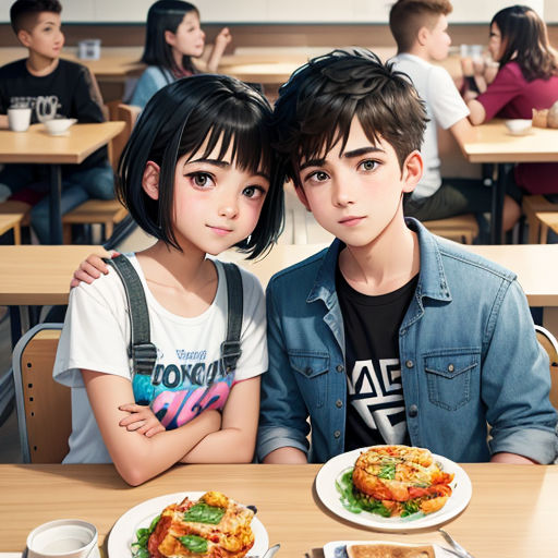 a couple of kids sitting at a table with food in front of them and a plate of food on the table
