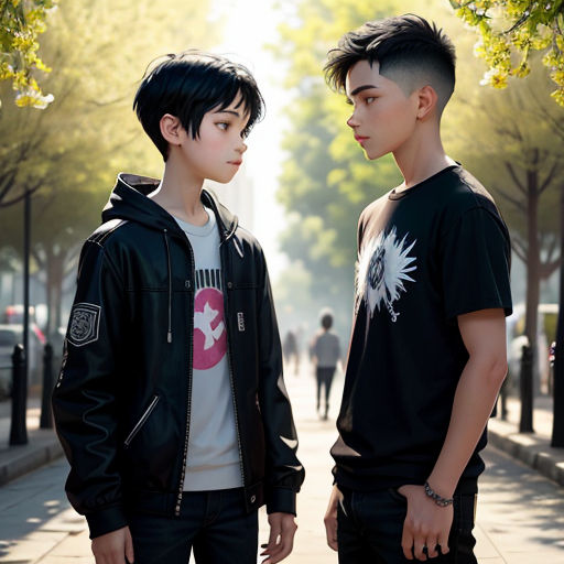 two young men standing next to each other on a sidewalk near trees and buildings, one of them is wearing a black jacket