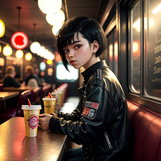 a woman sitting at a table with a cup of coffee in her hand and a drink in her other hand