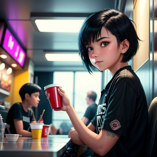 a girl holding a cup of coffee in a diner with other people sitting at a table in the background