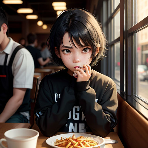 a young girl sitting at a table with a plate of food in front of her and a cup of coffee