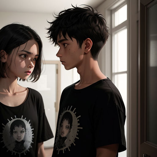 a couple of people standing next to each other in a room with a window and a door in front of them