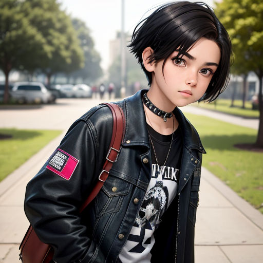 a woman with a black hair and a leather jacket on is standing on a sidewalk with a red purse